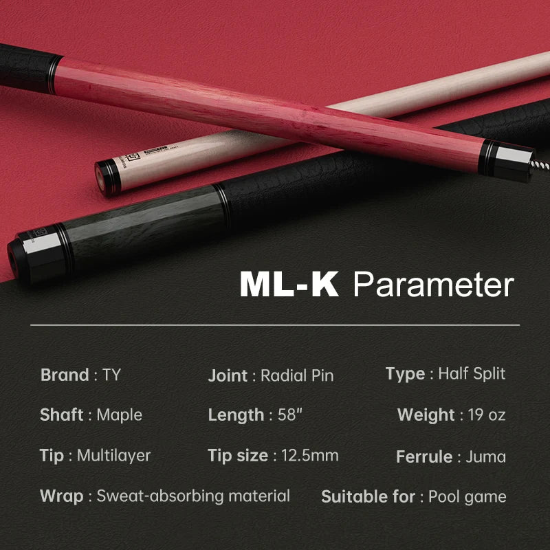 TY NEW Arrival ML-K Series Billiard Pool Cue Stick 12.5mm Tip Maple Shaft Radial Joint Absorption Leather Wrap Taco De Billar