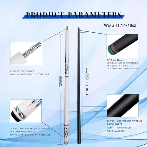 12.5mm Low Deflection Pool Cue 3/8×8 Steel Joint Multi Layer Tip Laser Grip Black Tech for 9 Ball Billiard Gift